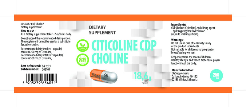 Citicoline CDP Choline 250mg 60 Vegan Capsules, Laboratory Tested, High Strength, No Fillers or Bulkers, No GMOs - NewNest Australia