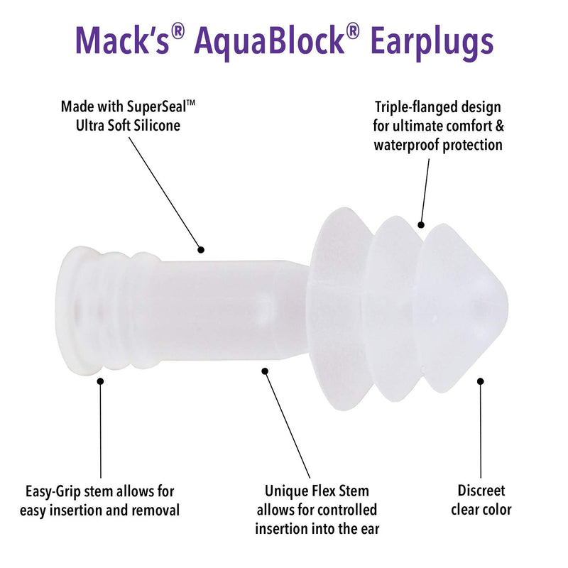 Mack's AquaBlock Swimming Earplugs, 3 Pair - Comfortable, Waterproof, Reusable Silicone Ear Plugs for Swimming, Snorkeling, Showering, Surfing and Bathing (Clear) Clear - NewNest Australia