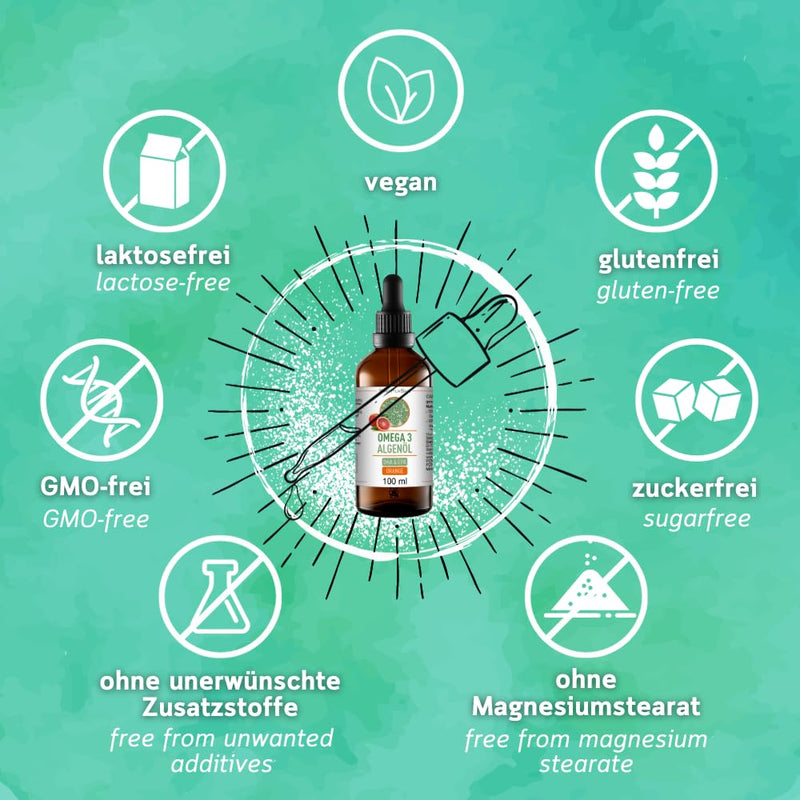 Omega 3 algae oil with 998mg DHA & 535mg EPA per 2.5ml // 100 ml // THE VEGAN ALTERNATIVE TO FISH OIL (blood orange) orange - NewNest Australia