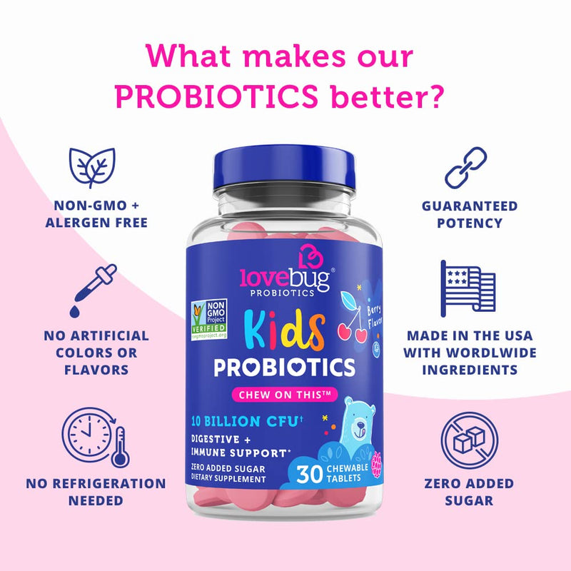 LoveBug Probiotics for Kids Immune Support, 10 Billion CFU & 6 Strains, 30 Natural Berry Flavored Chewable Tablets, Probiotic Supplement for Digestive & Immune Health, Allergen Friendly. - NewNest Australia
