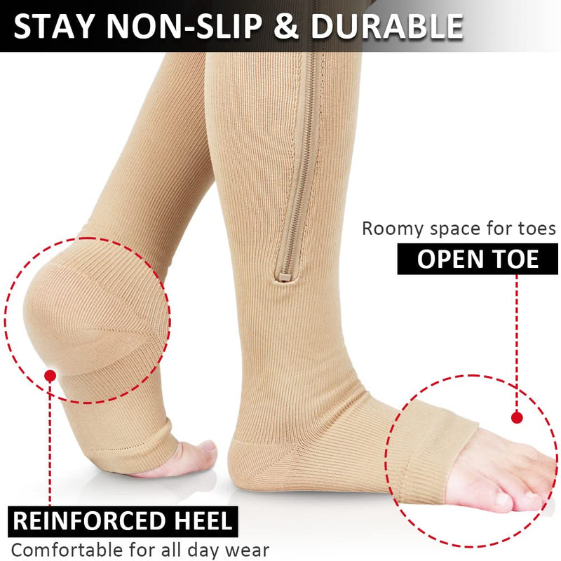 Ailaka Zipper 15-20 mmHg Compression Socks for Women Men, Knee High Open Toe Support Graduated Medical Varicose Veins Hosiery for Edema, Swollen, Pregnancy, Recovery (1 Pair) S/M Beige - NewNest Australia