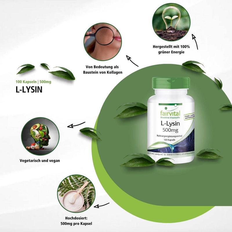 Fairvital | L-Lysine 500mg capsules - HIGH DOSE - Essential amino acid - Lysine HCL - 100 capsules - NewNest Australia