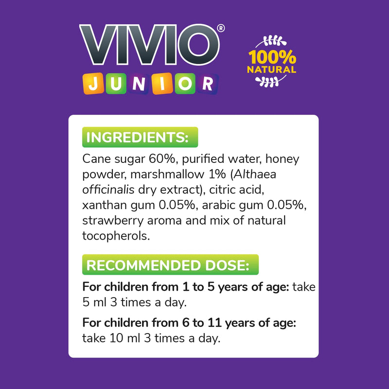 VIVIO Junior Cough Syrup - A Strawberry and Honey Flavour Preservative Free and Natural Cough Syrup for Dry and Congested Coughs in Children Aged 1 Year and Over - 140 ml - NewNest Australia