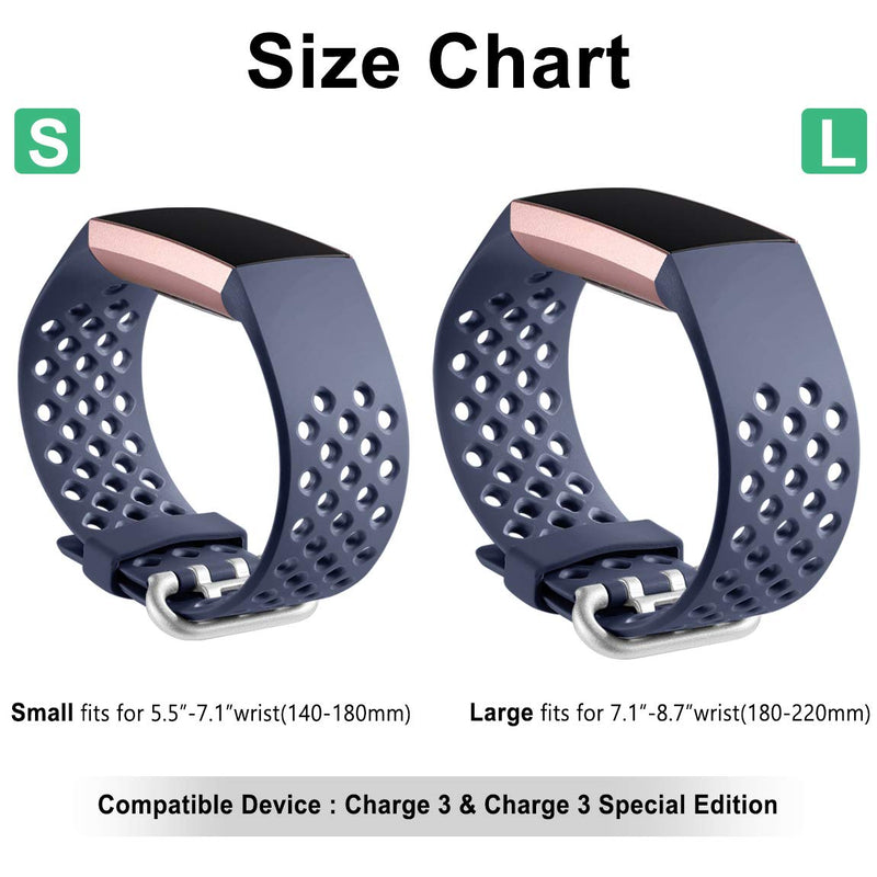 Maledan Bands Compatible with Fitbit Charge 3 and Charge 4, Breathable Sport Band Replacement Wristbands with Air Holes for Charge 4/ Charge 3/ Charge 3 SE Fitness Tracker Women Men, 3-Pack Large Black/Navy Blue/Blue Gray - NewNest Australia