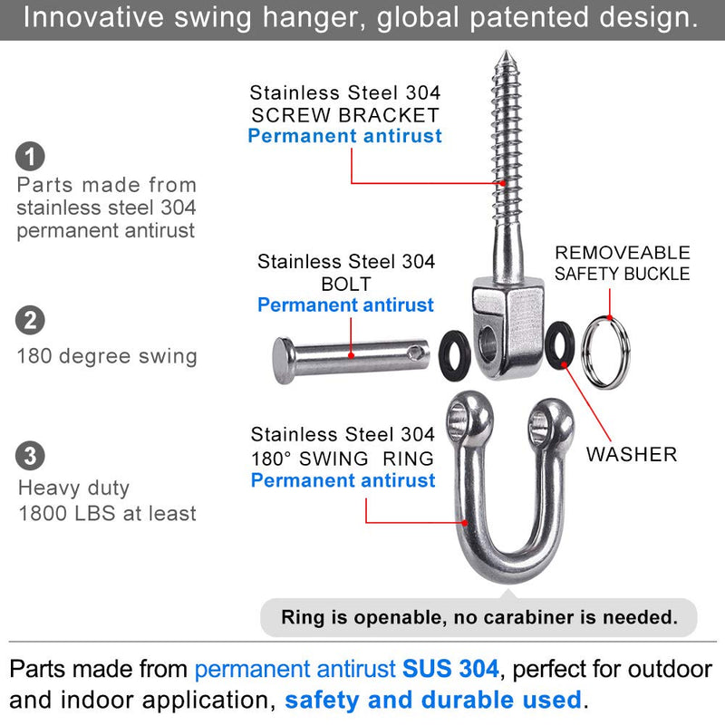 BeneLabel Set of 2 Permanent Antirust Stainless Steel 304 Screw Bracket Heavy Duty Swing Hanger 1800LB Capacity, Indoor Outdoor Playground Yoga Hammock Chair, Hardware Swing Sets - NewNest Australia