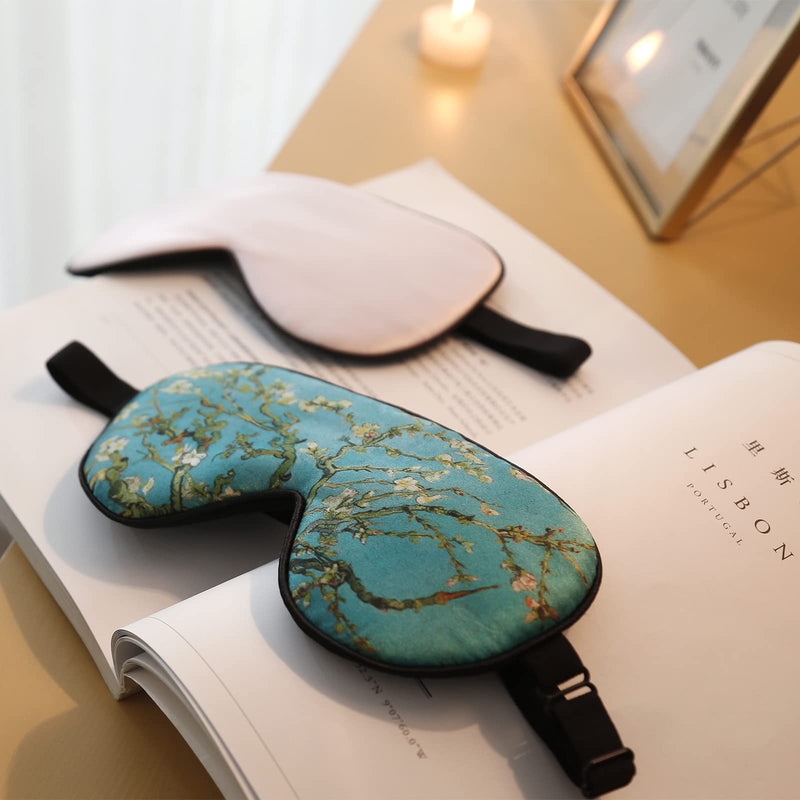 LaCourse 100% Natural Mulberry Silk Eye Mask for Sleeping with a Travel Pouch, Both Sides 19 Momme Organic Silk, Adjustable Silk Sleep Eye Mask for Women, Green-Floral Green Floral - NewNest Australia