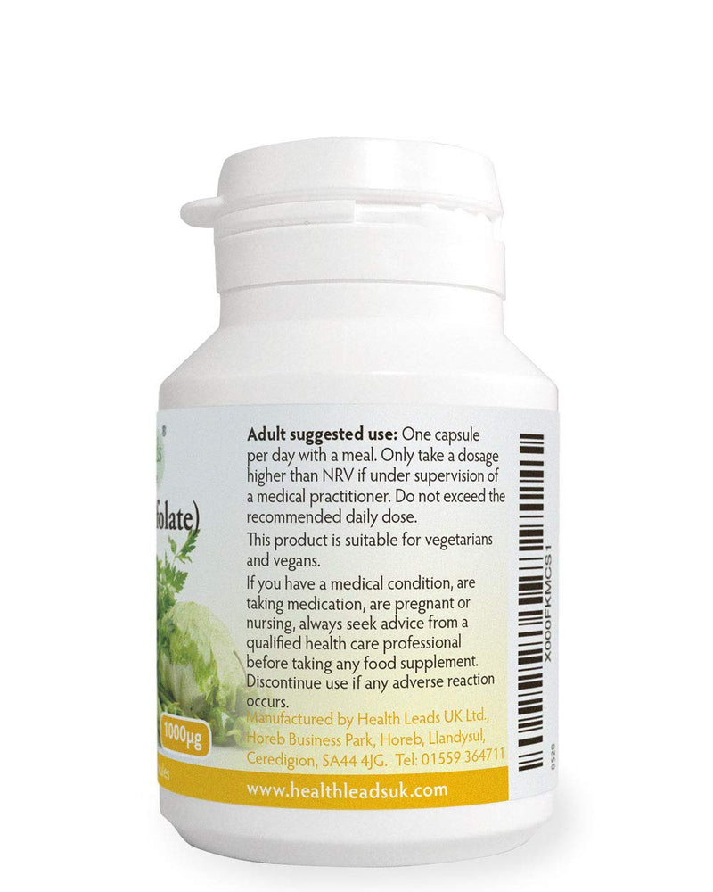 Folate (L-Methylfolate) 1000μg x 90 Capsules, 5-MTHF Active Form of Folic Acid/Vitamin B9, Please See Our 400mcg Version for Pregnancy, Magnesium Stearate Free, Made in Wales - NewNest Australia