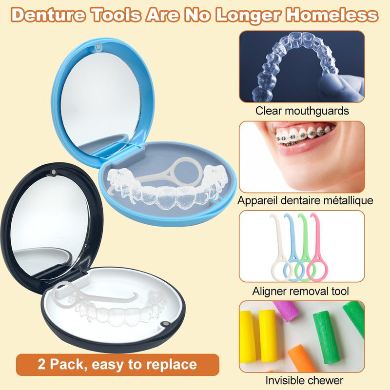 Braces Box, Pack Of 2 Portable Storage Box For Dentures Container With Mirror Empty Denture Box Container For Dentures Box With Aligner Removal Tool (Black + Blue) - NewNest Australia