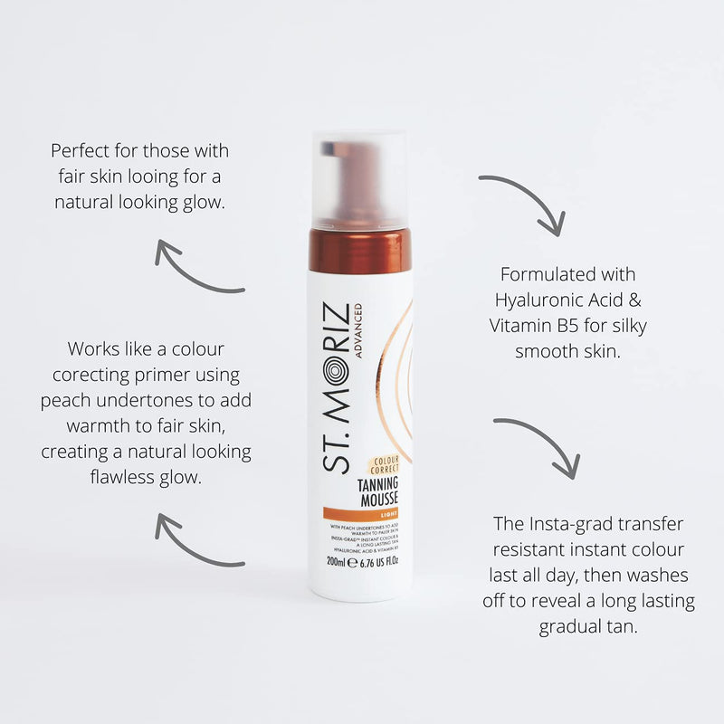 St Moriz Advanced Colour Correcting Tanning Mousse with Hyaluronic Acid & Vitamin B5, Fast Drying Vegan Fake Tan, Light (200ml) - NewNest Australia