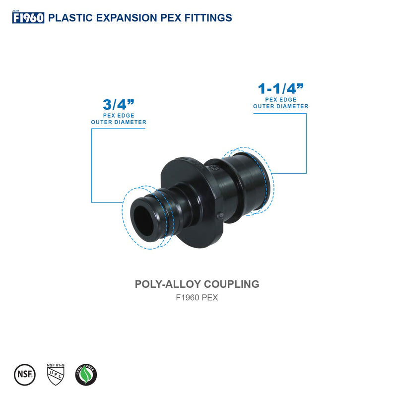 Supply Giant GQSD1134 PEX-A Reducing Coupling Pipe Fitting Plastic Poly Alloy 1-1/4'' x 3/4'' Expansion Barb Black, 1-1/4 x 3/4 - NewNest Australia