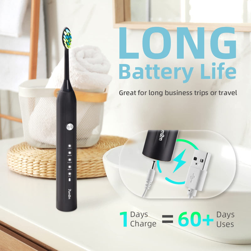 7AM2M Sonic Electric Toothbrush for Adults and Kids, One Charge for 90 Days, with 6 Brush Heads, 5 Modes with 2 Minutes Build in Smart Timer, Roman Column Handle Design (Black) Black - NewNest Australia