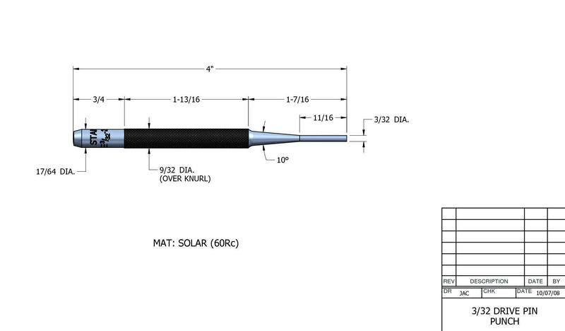 Starrett 565B 4" Overall Length, 11/16" Pin Length, 3/32" Pin Diameter, Drive Pin Punch Silver - NewNest Australia