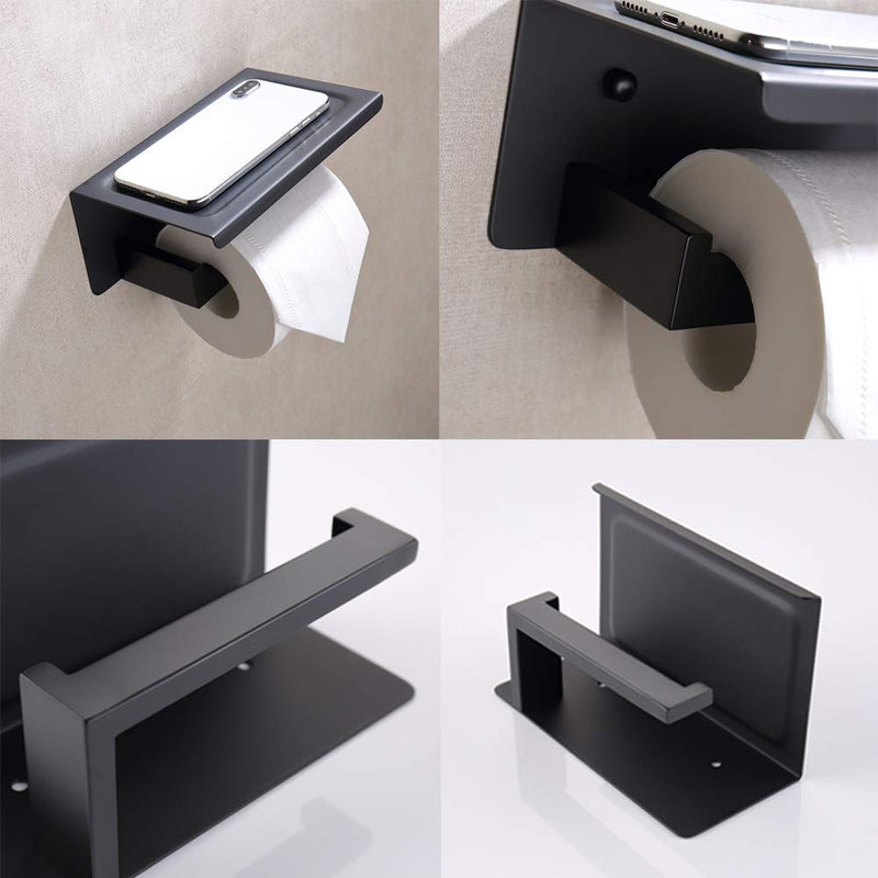 TASTOS Toilet Paper Holder with Shelf Matte Black, Toilet Tissue Holders with Phone Shelf Wall Mounted, Toilet Roll Holder with Cover for Bathroom & Kitchen, Stainless Steel Modern Square Style - NewNest Australia