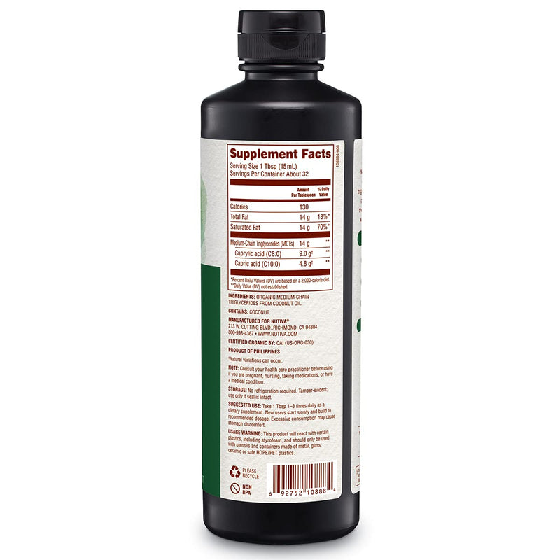 Nutiva Organic MCT Oil, Unflavored, 16 Oz, USDA Organic, Non-GMO, Non-BPA, Whole30 Approved, Vegan, Gluten-Free & Keto, 14g MCT per Serving & Neutral Flavor for Coffee, Shakes and Salads 16 Ounce (Pack of 1) - NewNest Australia
