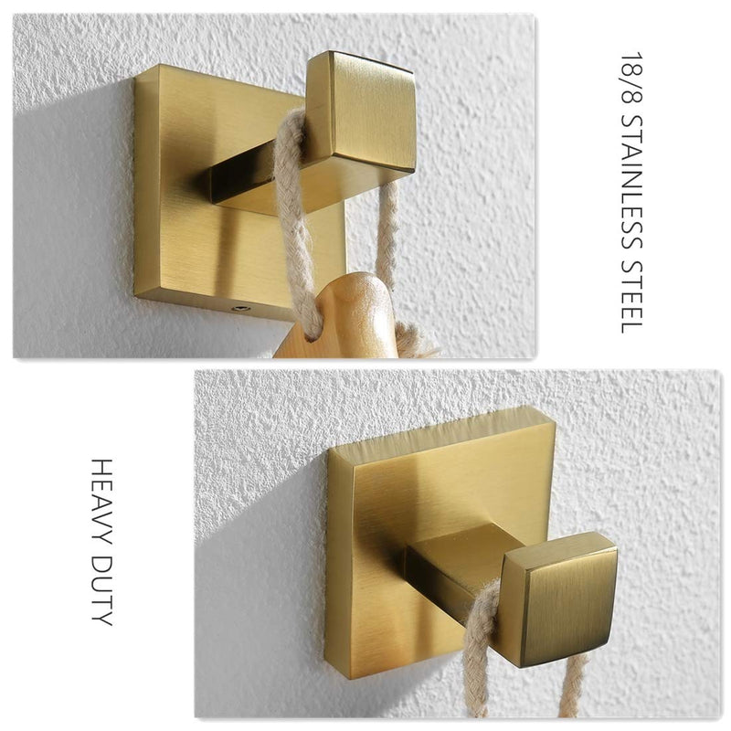 NewNest Australia - VELIMAX Premium Stainless Steel Towel Hook Square Robe Hook Coat Hook Heavy Duty Wall Mounted Luxury Hooks for Bathroom Hotel, Brushed Gold, 2-Pack 