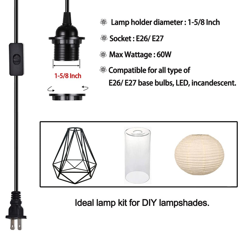 HESSION 2-Pack 15 Feet Plug in Pendant Light, Black Extension Hanging Lantern Cord Cable with in-Line On/Off Switch, E26 E27 Socket - NewNest Australia