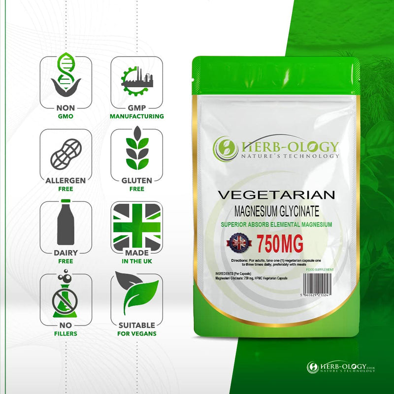 Herb-Ology Magnesium Glycinate Capsules | 60 Vegan Capsules | Magnesium Supplements | 750mg per Capsule | Highly Bioavailable, Dairy Free & Manufactured in The UK 60 Count (Pack of 1) - NewNest Australia