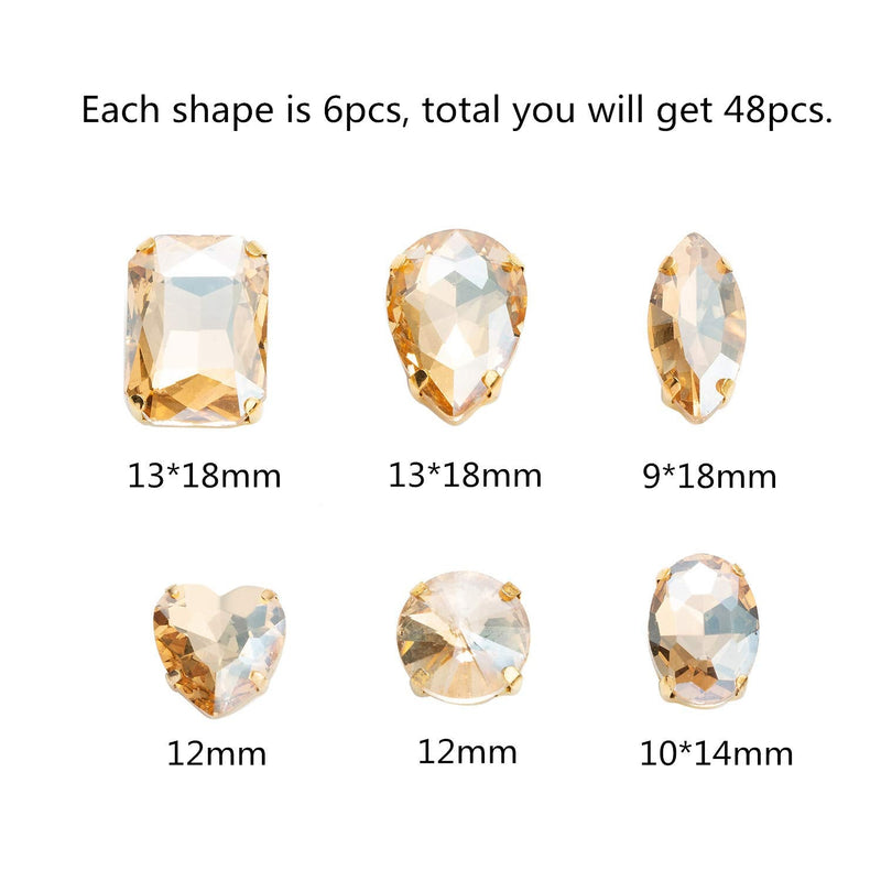 Sew On Rhinestones, Choupee 48PCS Mixed Shapes Flatback Sew On Glass Rhinestone Sewing Claw Rhinestone for Craft, Clothes, Garments, Dress, Earring, Belt and Shoes (Champagne, Gold Claw) Gold Setting / Champagne - NewNest Australia