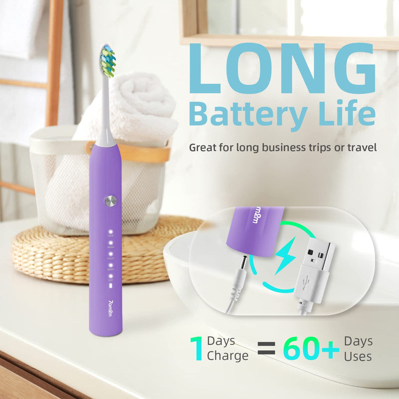 7AM2M Sonic Electric Toothbrush for Adults and Kids, One Charge for 90 Days, with 6 Brush Heads, 5 Modes with 2 Minutes Build in Smart Timer, Roman Column Handle Design(Purple) Purple - NewNest Australia