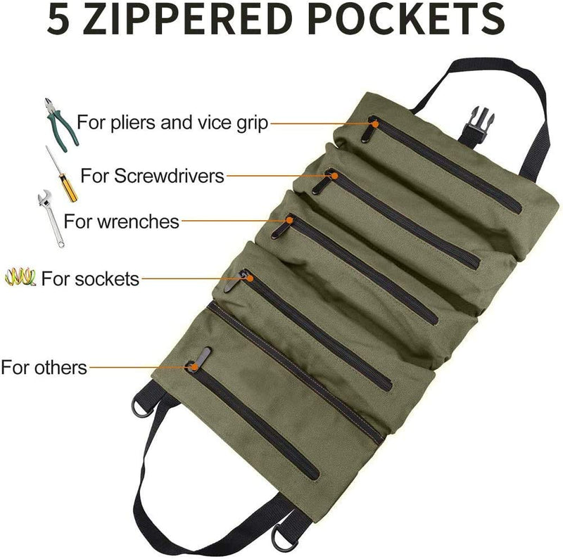 Super Roll Tool Roll,Multi-Purpose Tool Roll Up Bag, Wrench Roll Pouch,Canvas Tool Organizer Bucket,Car First Aid Kit Wrap Roll Storage Case,Hanging Tool Zipper Carrier Tote,Car Camping Gear Army Green - NewNest Australia
