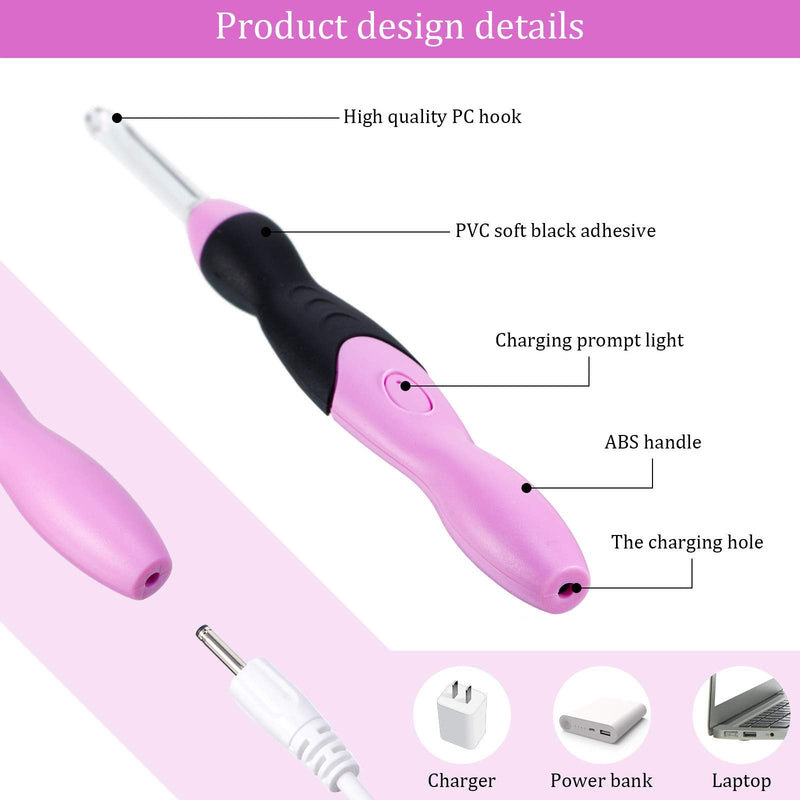 11 Sizes Lighted Crochet Hooks Set Rechargeable Crochet Hook Light Up Crochet Hooks with Case, Interchangeable Heads 2.5 mm to 8 mm for DIY Craft Supplies (Pink-Black) Pink-Black - NewNest Australia
