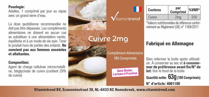 Copper tablets 2mg - 180 tablets - ! FOR 6 MONTHS ! - vegan - high-dose copper dietary supplement | Vitamintrend® - NewNest Australia