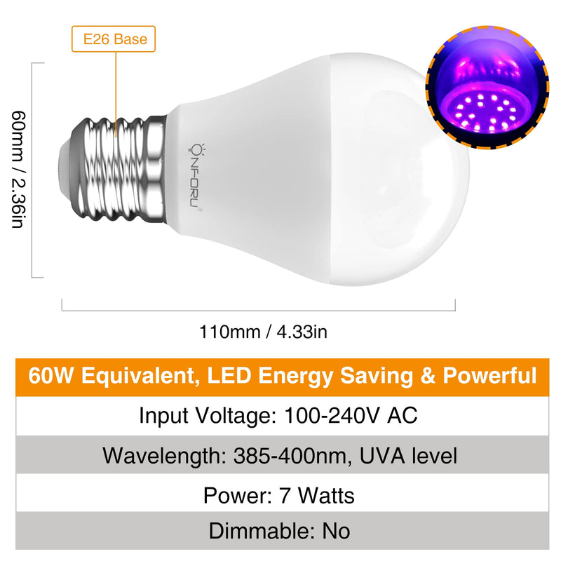 Onforu LED Black Light Bulbs 60W Equivalent, A19 E26 7W Blacklight Bulb for Glow in The Dark, Halloween Lights, 120V, Level 385-400nm, Purple Bulb for Blacklight Party, Body Paint, Fluorescent Poster - NewNest Australia