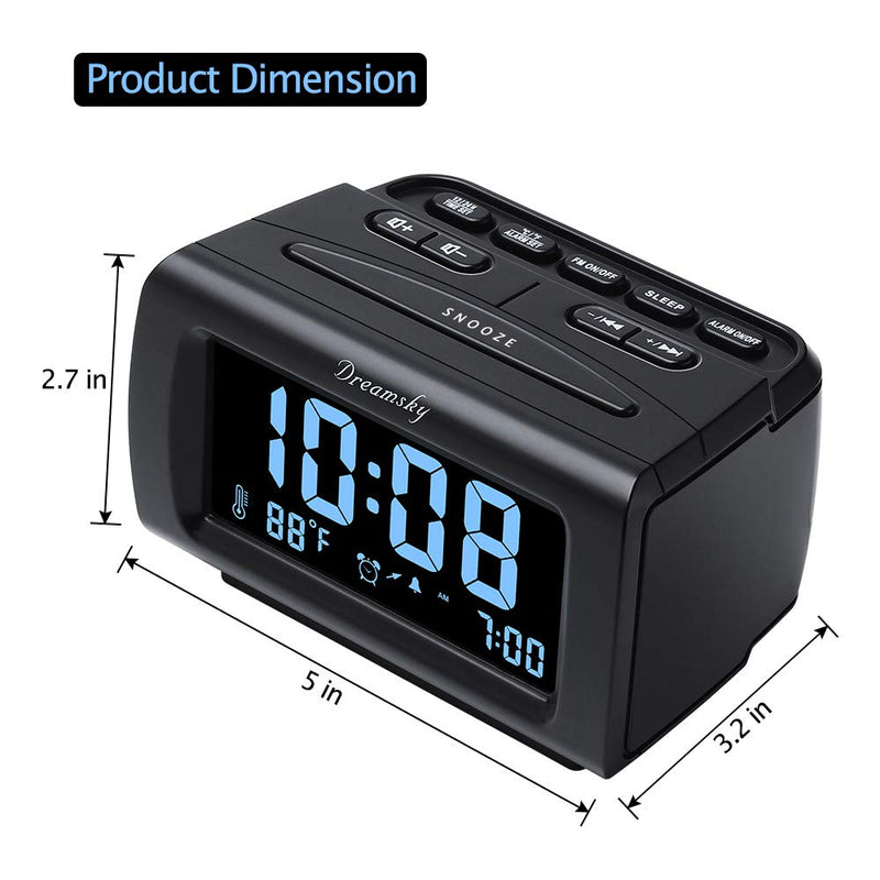 NewNest Australia - DreamSky Decent Alarm Clock Radio with FM Radio, USB Port for Charging, 1.2 Inch Blue Digit Display with Dimmer, Temperature Display, Snooze, Adjustable Alarm Volume, Sleep Timer. Black 