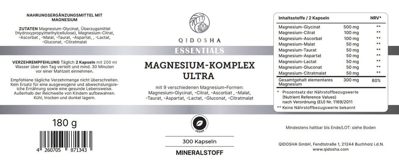 QIDOSHA® Magnesium Complex Capsules, 300 pieces in a pharmacy jar, 9 organic magnesium forms with complementary key effects as a full spectrum magnesium, 300mg elemental magnesium/daily portion - NewNest Australia