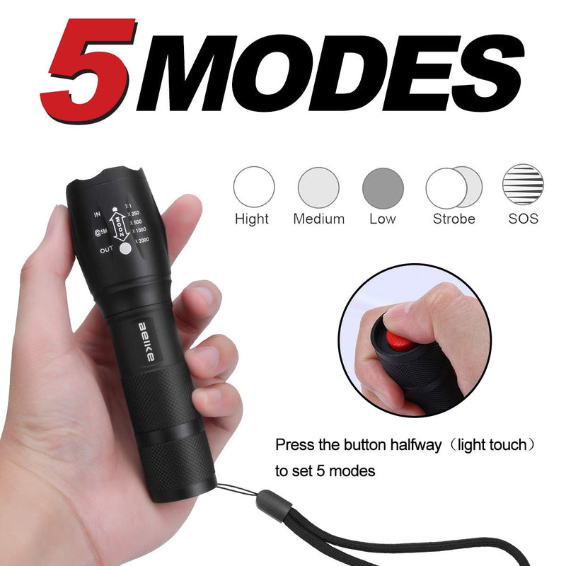 Beike 2 Pack LED Tactical Flashlight (Batteries Included) - 5 Modes, High Lumen, Zoomable, Water Resistant, Handheld light for Camping, Hiking, Outdoor, Emergency - NewNest Australia