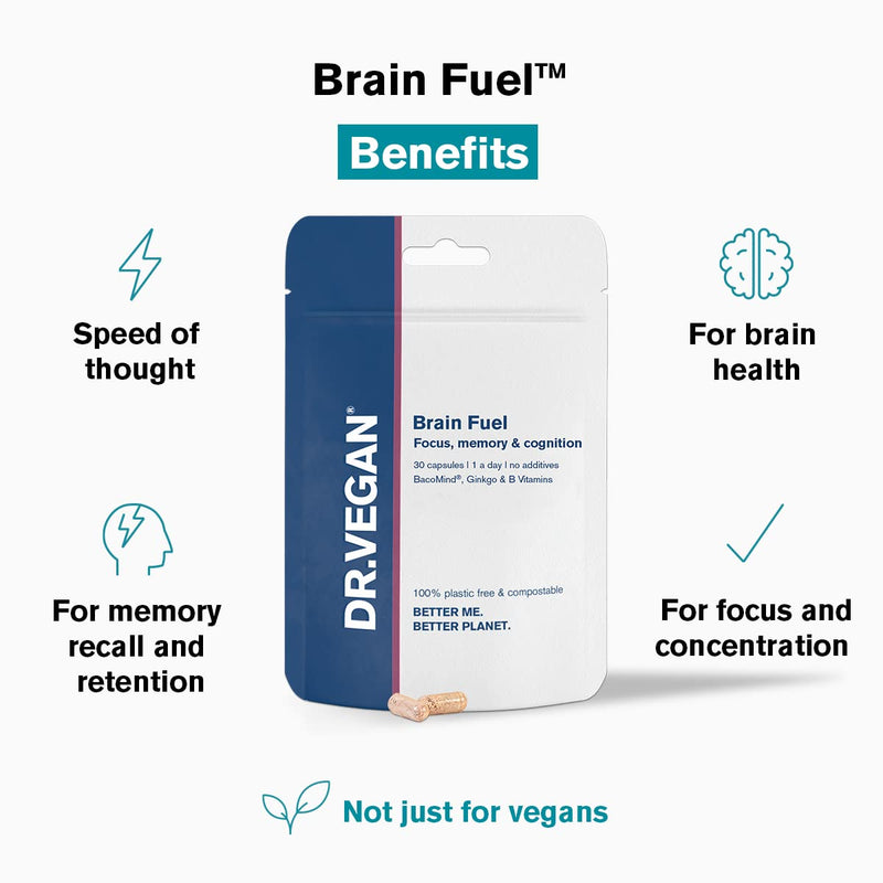 DR.VEGAN Brain Fuel | Memory & Focus, Brain Supplement, Clinically Tested BacoMind | 30 Capsules | One-A-Day | Includes Bacopa Monnieri 300mg, Ginkgo Biloba 150mg - NewNest Australia