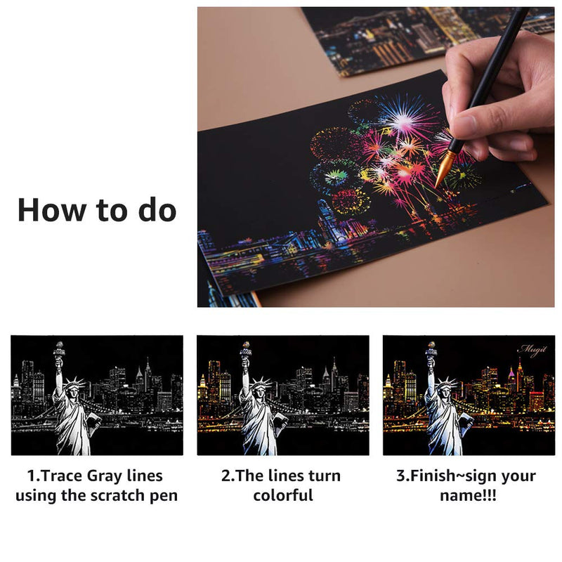 Magic Scratch Art Paper(7.9"x5.5") Rainbow Landscape Engraving Art Mini Scratchboard DIY Pads for Adults and Kids, Crafts Set: 12 Sheets Scratch Postcard Cards & Drawing Pens, Brush (Building Series) Building Series - NewNest Australia