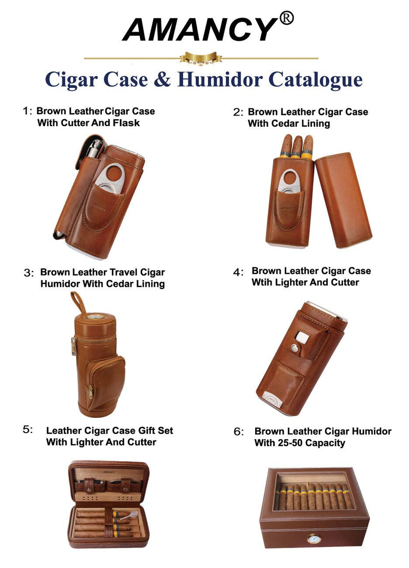 AMANCY Premium 3- Finger Brown Leather Cigar Case, Cedar Wood Lined Cigar Humidor with Silver Stainless Steel Cutter - NewNest Australia