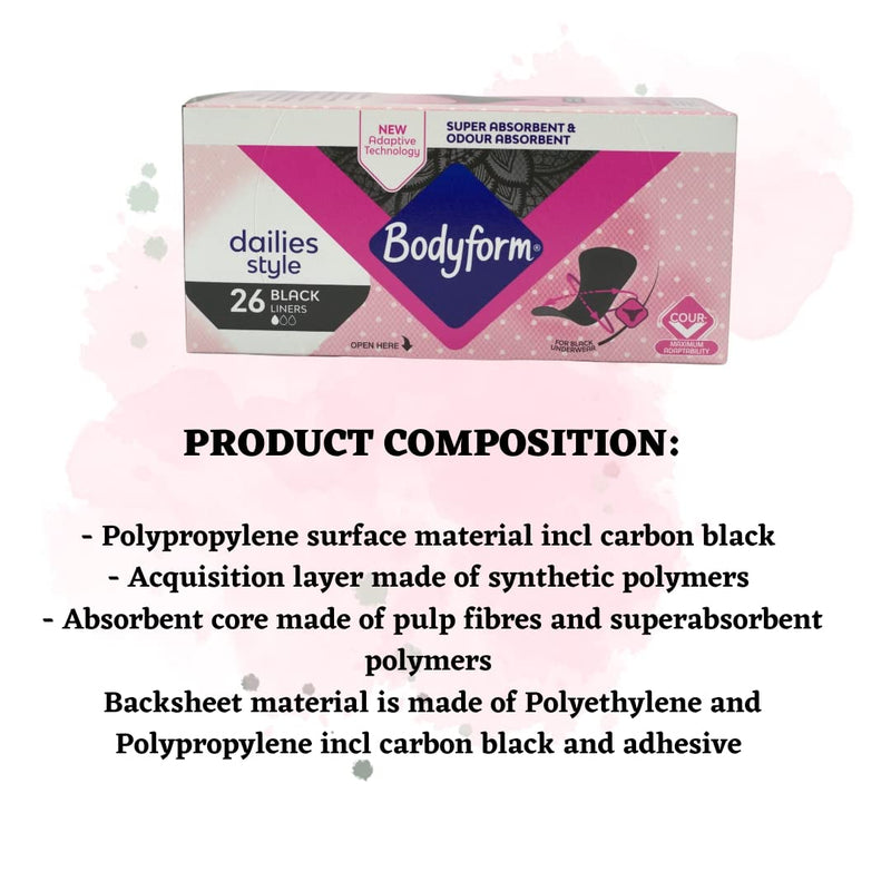 Bodyform Dailies Black Panty Liners for Women (x26) | Pack of 2 (52 Liners) | Specifically Designed for Black Underwear | Super Absorbent & Odour Absorbent | Enhanced with V-Zone Protection - NewNest Australia