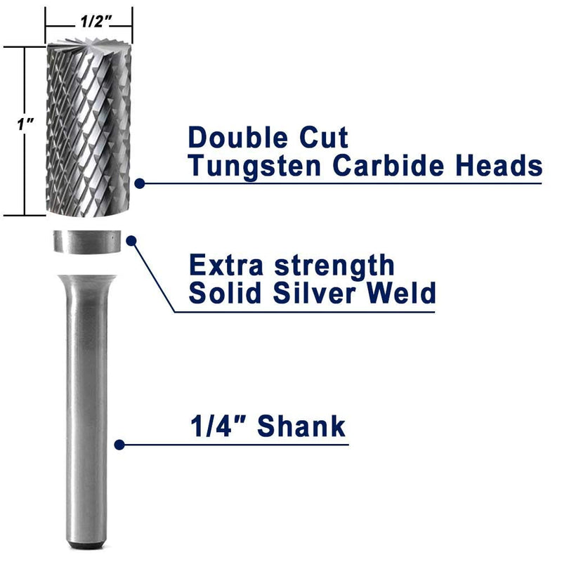 YUFUTOL SB-5 Tungsten Carbide Burr Cylinder Shape Double Cut Rotary Burrs File(1/2''cutter Dia ， 1''Cutter Length) with 1/4'' (6.35mm) Shank dia - NewNest Australia