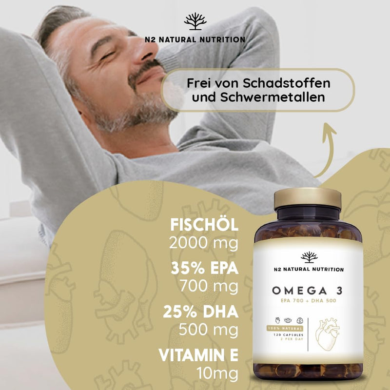 Omega 3 capsules, high dose with 2000 mg fish oil with 700 mg EPA and 500 mg DHA, fish oil with vitamin E and the omega 3 fatty acids. 120 softgel capsules of pure sea fish oil N2 Natural Nutrition - NewNest Australia