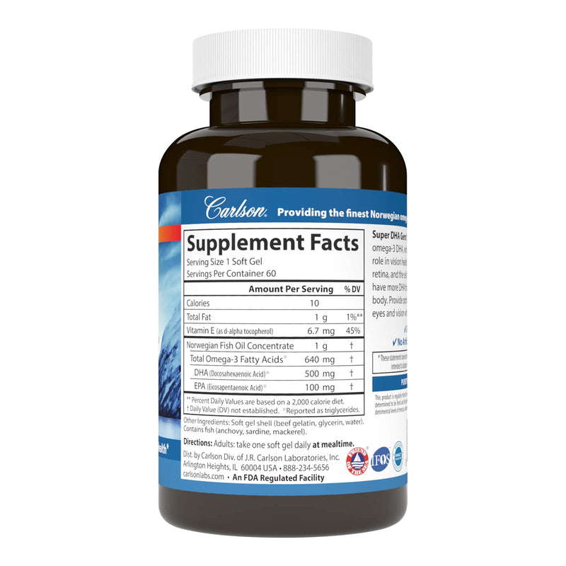 Carlson - Super DHA Gems, 500 mg DHA Supplements, Norwegian Fish Oil Concentrate, Wild-Caught, Sustainably Sourced Fish Oil Capsules, Cognitive Health, 60 Softgels 60 Count (Pack of 1) - NewNest Australia
