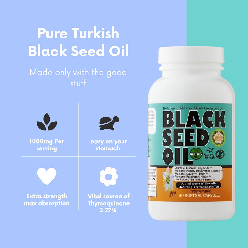 Pure Turkish Black Seed Oil - Antioxidant Black Seed Oil Cold Pressed Capsules - 2.20% Thymoquinone Black Cumin Seed Oil Softgel - Easy To Use Nigella Sativa Capsules – 90 Blackseed Oil Caps Sweet Sunnah - NewNest Australia