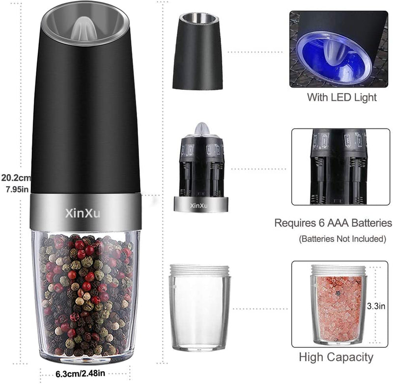 XinXu Gravity Automatic Pepper and Salt Mill, Stainless Steel, Adjustable Coarseness with Blue LED Light, One Hand Operated, Come with Brush, Gift Ideal for Housewarming, Black Black 2X - NewNest Australia