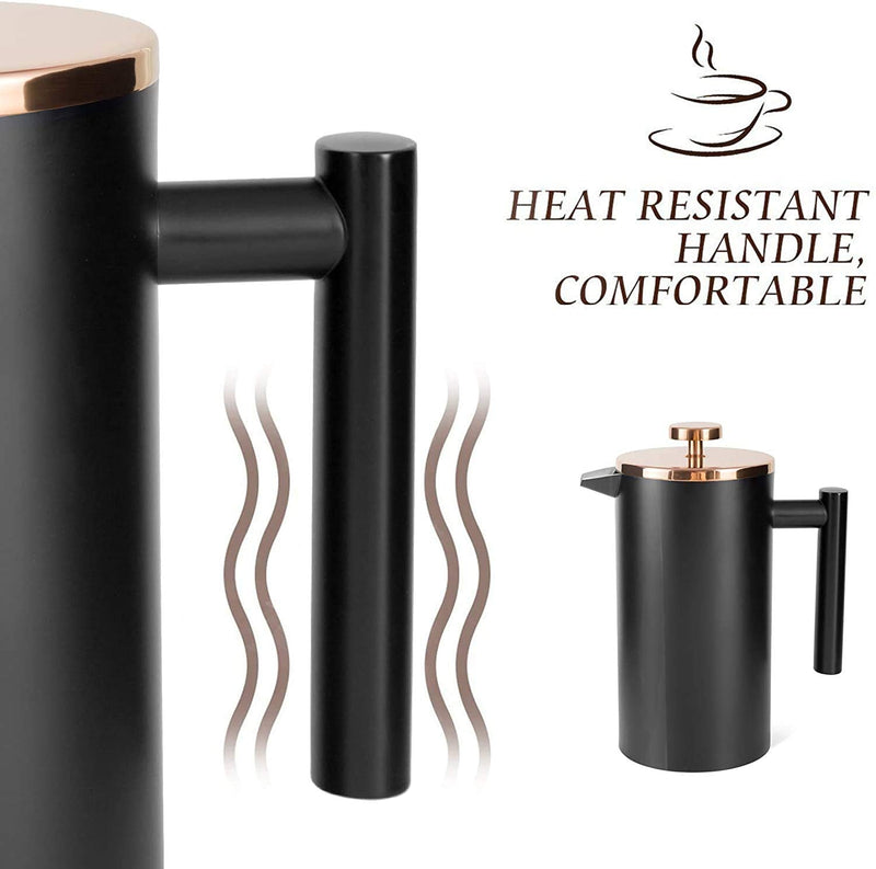 Miuly Coffee Press 1 Cup,Black Stainless Steel French Press Coffee Maker, Double Wall Insulated 350ml/12oz with 2 Filter Mesh Black Coffee Pot Rose Gold Lid 12oz - NewNest Australia