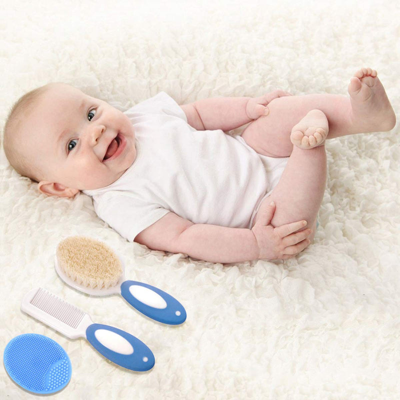 Baby Hair Brush and Comb Set for Newborns & Toddlers | Natural Soft Goat Bristles | Ideal for Cradle Cap | Perfect Baby Registry Gift (Blue) Blue - NewNest Australia
