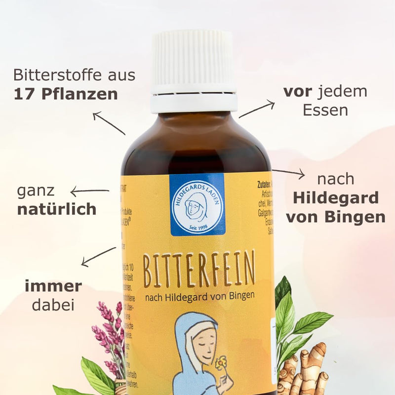 Bitterfein - herbal bitter drops | Hildegard of Bingen | Bitter substances from 17 plants | Before every meal | 50ml - concentrate for approx. 30 days - NewNest Australia