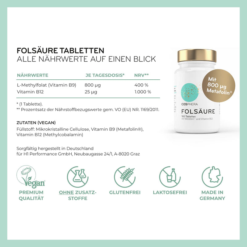 Folic acid tablets - High dose with 800 μg folate (metafolin) and 25 μg vitamin B12 per tablet - 180 vegan tablets in a 6-month supply - With 5-MTHF, the best usable vitamin B9 - NewNest Australia