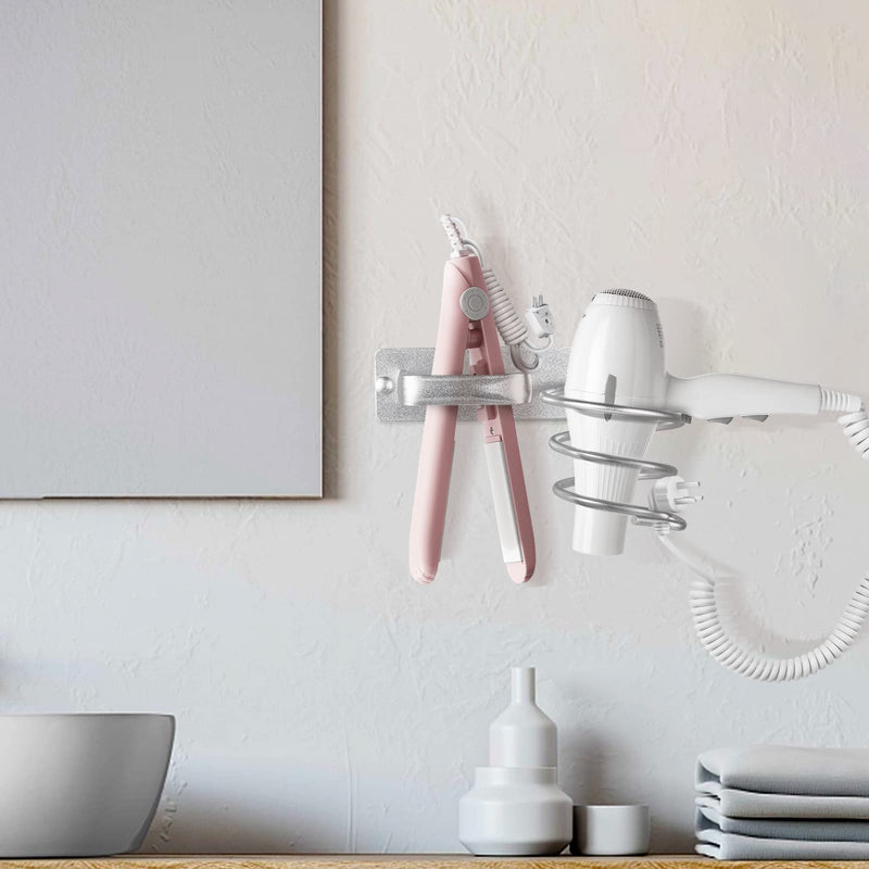 YUET Hair Dryer Holder Hairdryer Station Wall Mounted Spiral Shelf Bracket Stand Hanger Straightener Organizer Blow Storage with Holes Rack For Bathroom Aluminum Professional Silver - NewNest Australia