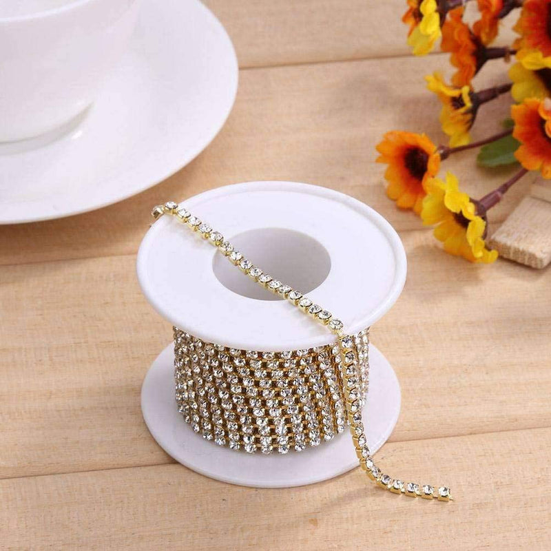 1 Roll 10 Yards Crystal Rhinestone Trim Close Cup Clear Chain with Gold Setting Base (SS6 2mm) SS6 2mm - NewNest Australia
