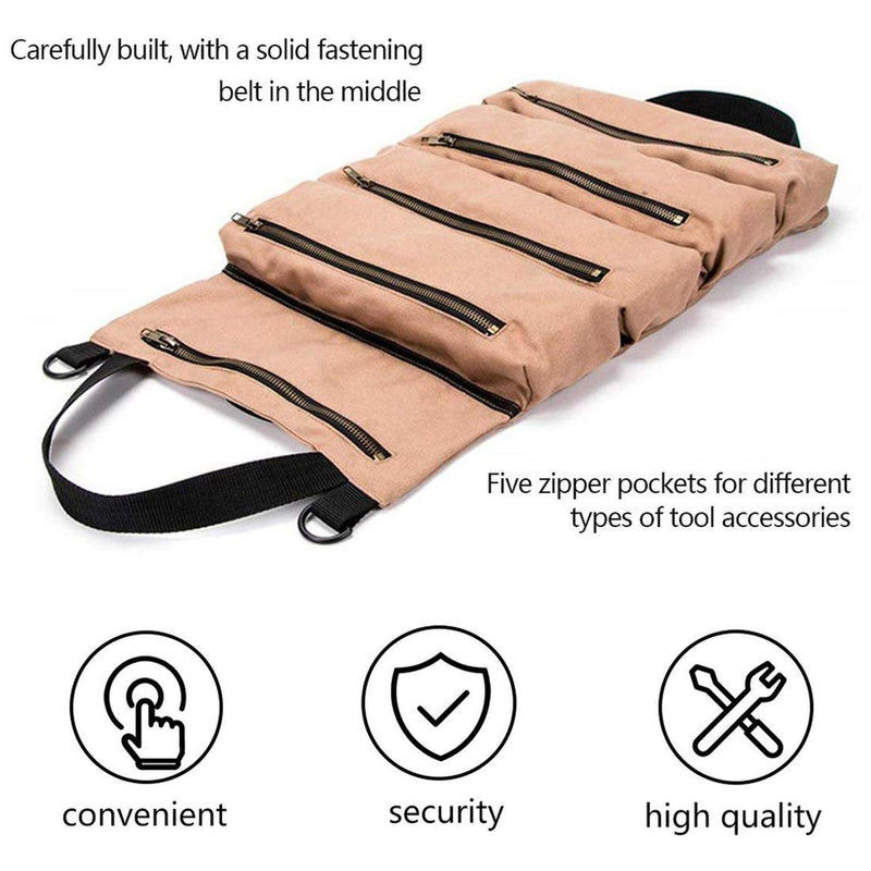 Super Tool Roll Up Bag/pouch,durable Canvas Wrench Tool Roll Up Pouch With 5 Zipper Pockets,car Back Seat Organizer/Khaki Khaki - NewNest Australia