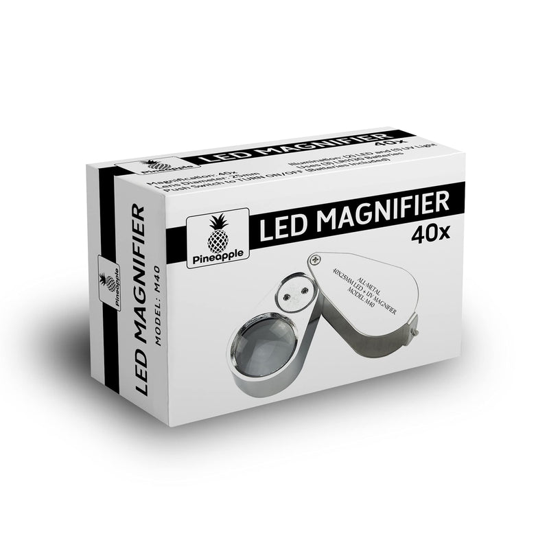 Pineapple LLC 40X Jewelers Loupe Magnifier with Light, Foldable Eye Loop Magnifier, LED UV Illuminated for Trichomes, Coins, Currency, Diamonds, Jewelry, Gems, Plants, Stamps, Silver, Small (M40) - NewNest Australia