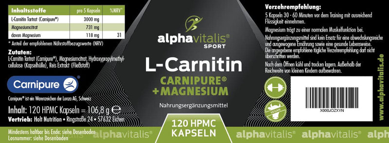 L-Carnitine Carnipure Capsules High Dose 3000 Mg Made From Premium Raw Materials + Magnesium Citrate - Vegan And Stearate Free From Alphavitalis - 120 Capsules - NewNest Australia
