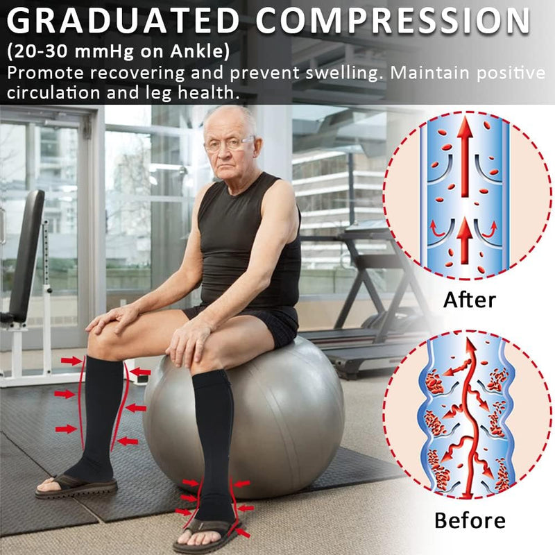 Ailaka Medical Zipper Compression Calf Socks 20-30mmHg for Women Men Knee High Open Toe Firm Support Graduated Varicose Veins Hosiery for Edema Swelling Black 3XL - NewNest Australia