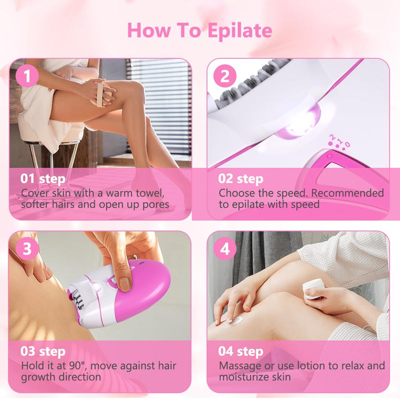 Uraqt Women'S Epilator, Epilator For Hair Removal With Massage Rollers, Gentle Long-Lasting Epilator Women'S Razor, Razor Attachments For Body, Peeling, Cleaning, Bag, Gift For Woman (Pink) Pink - NewNest Australia